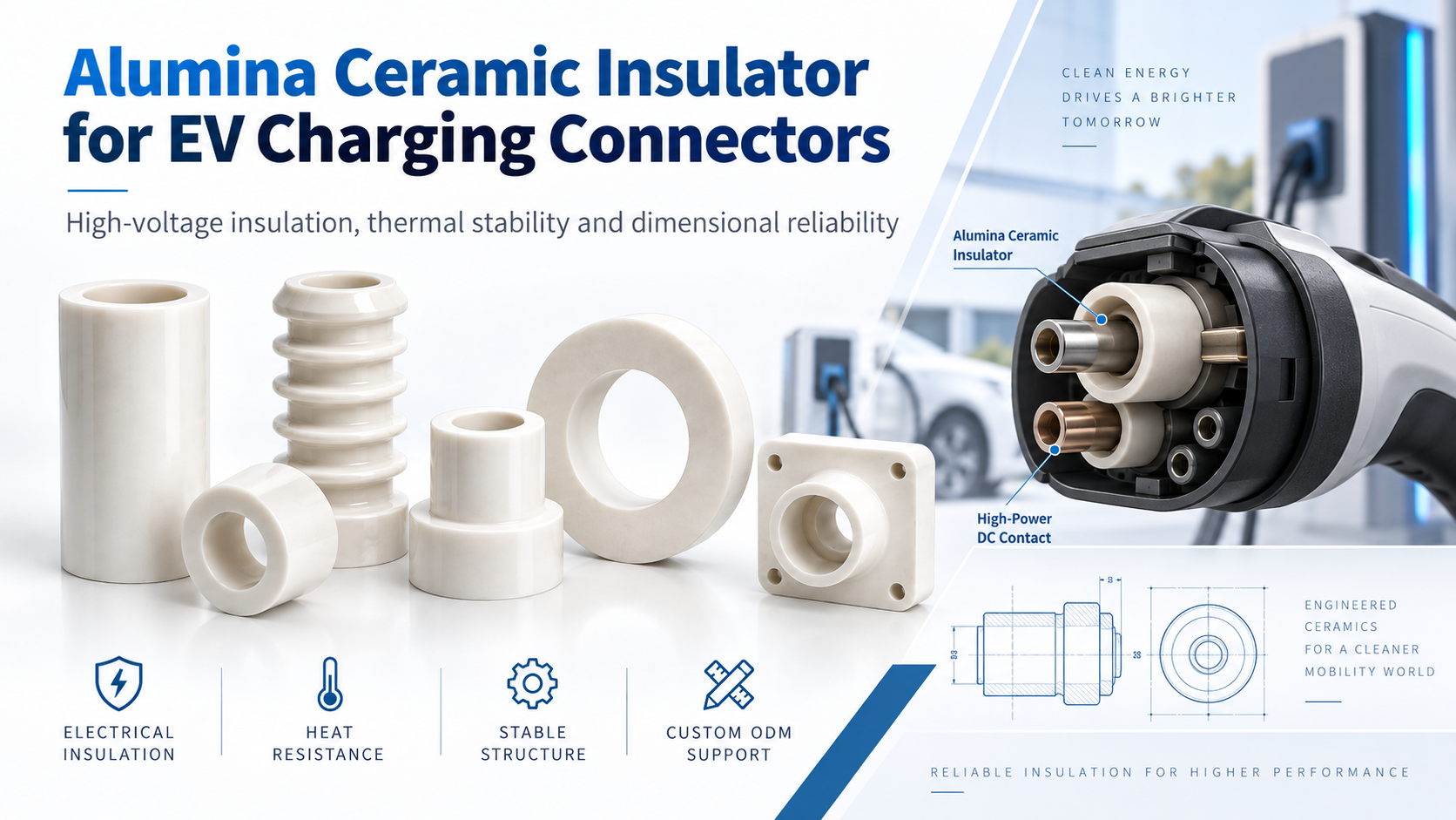 Alumina ceramic insulator for EV charging connectors