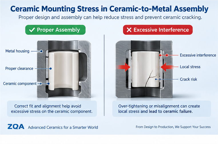 Ceramic mounting stress in ceramic to metal assembly