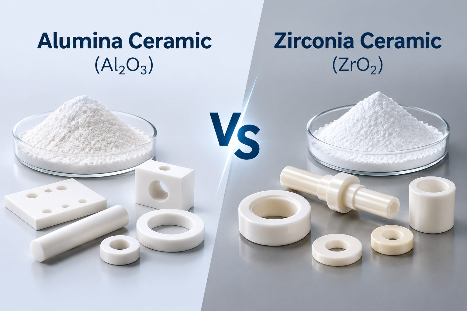 Alumina vs zirconia ceramics comparison with ceramic parts and powders
