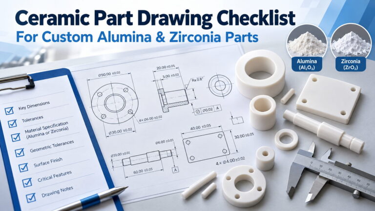 Ceramic part drawing checklist showing dimensions, tolerances, technical drawings, and alumina and zirconia components