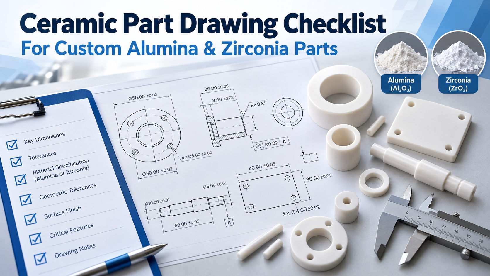 Ceramic part drawing checklist showing dimensions, tolerances, material specifications, and alumina and zirconia components