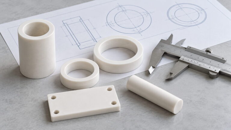 White alumina ceramic sleeves, rings, plate and rod beside engineering drawings and a caliper