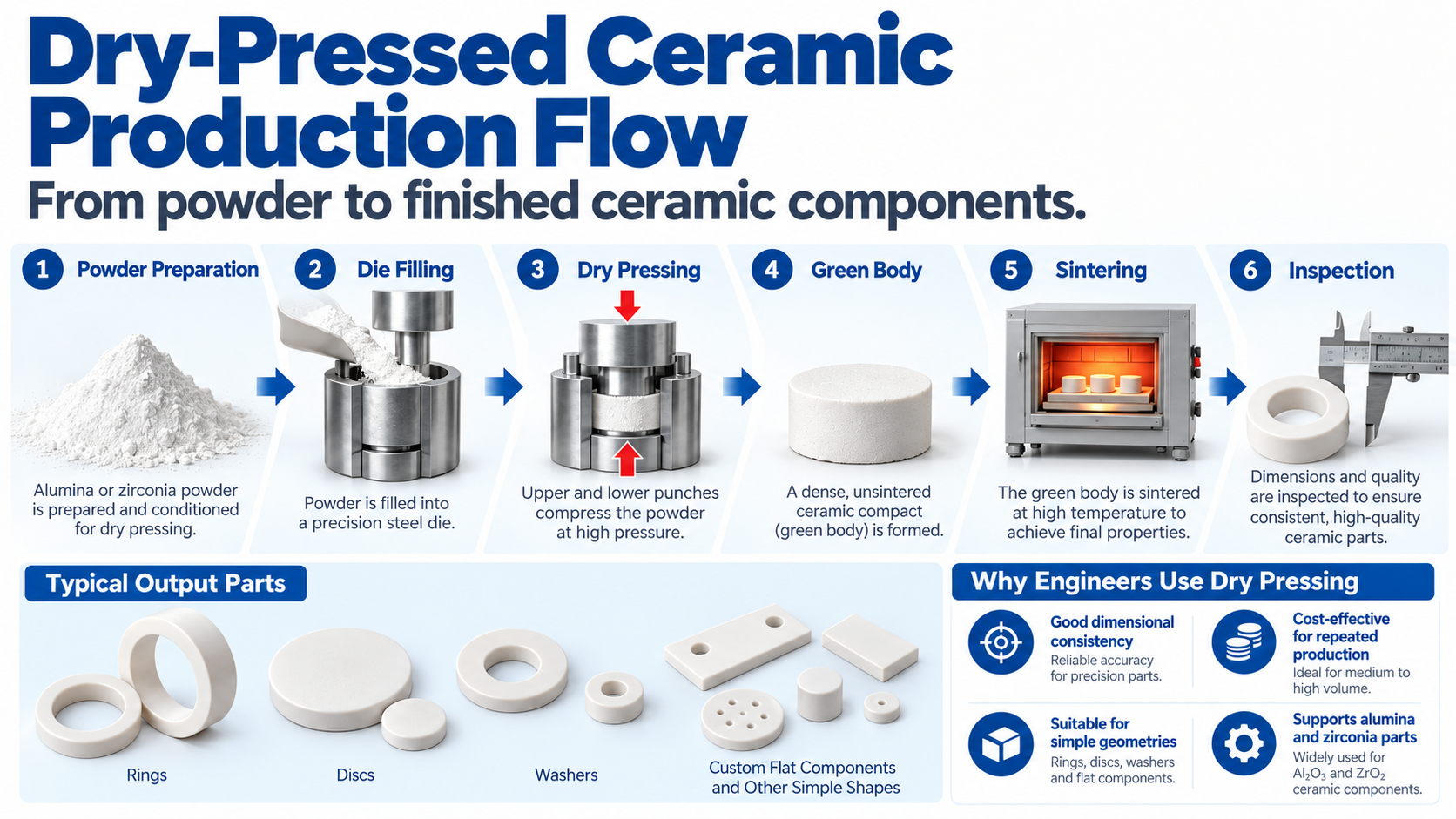 dry pressed ceramic production process from powder to sintering and inspection