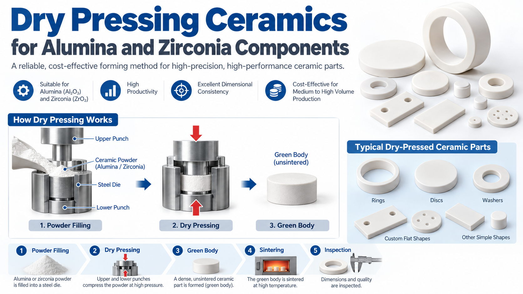 dry pressing ceramics for alumina and zirconia components
